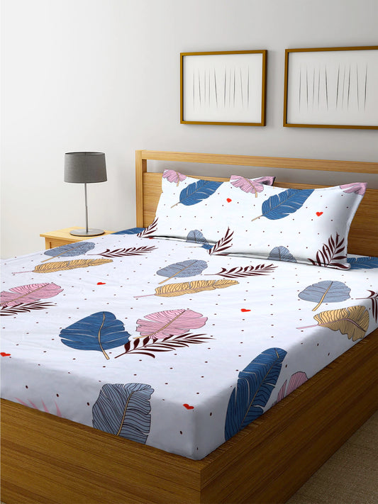 Super Soft Glace Cotton All Round Elastic Fitted Double Bed Bedsheet with 2 Pillow Covers-72x78x8