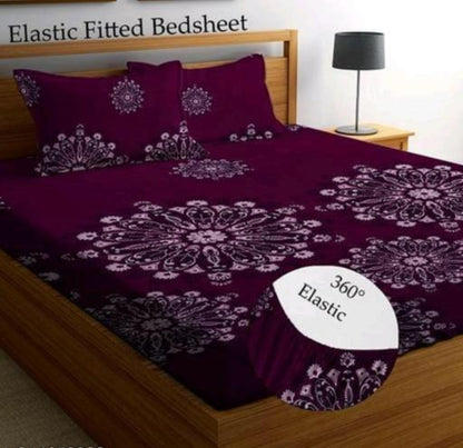 Super Soft Glace Cotton All Round Elastic Fitted Double Bed Bedsheet with 2 Pillow Covers-72x78x8