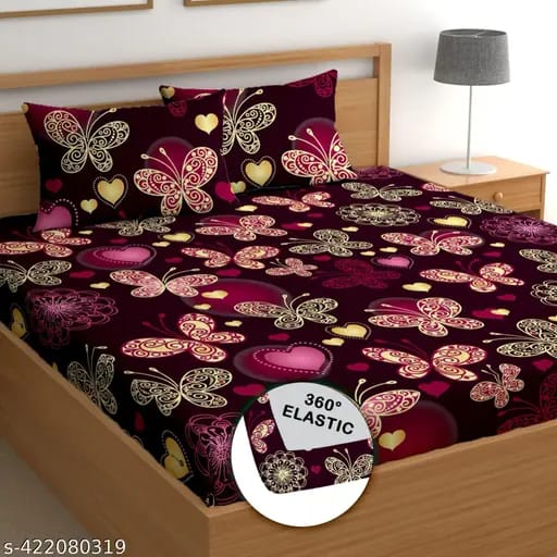 Super Soft Glace Cotton All Round Elastic Fitted Double Bed Bedsheet with 2 Pillow Covers-72x78x8