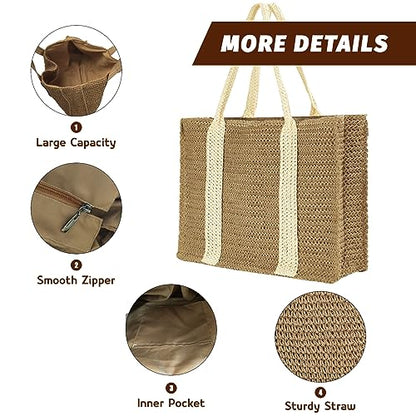 Vipost Straw Beach Tote Bag for Women Large Green Summer Woven Straw Bag Lightweight Sturdy Shoulder Handbags for Travel,Vacation