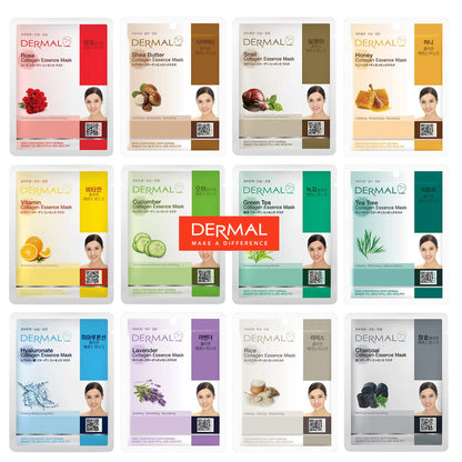 DERMAL 12 Combo Pack Collagen Essence Korean Face Mask, Hydrating & Soothing, Unisex Skin Treatment Mask