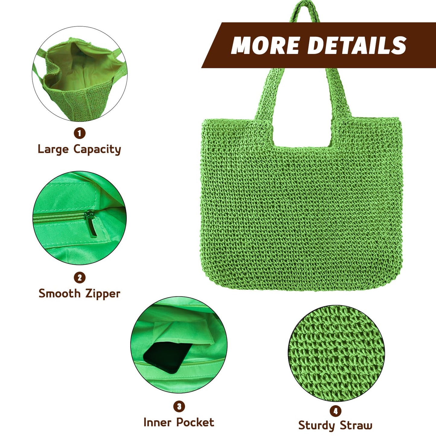 Vipost Straw Beach Tote Bag for Women Large Green Summer Woven Straw Bag Lightweight Sturdy Shoulder Handbags for Travel,Vacation