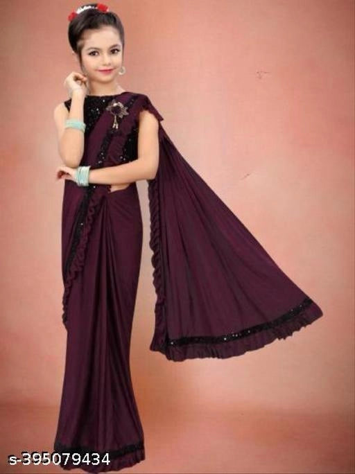 Lycra Solid Saree for Girls (Wine, 11-12 Years)