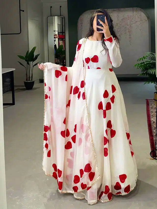 Georgette Printed Gown with Dupatta for Women (White & Red, XL)