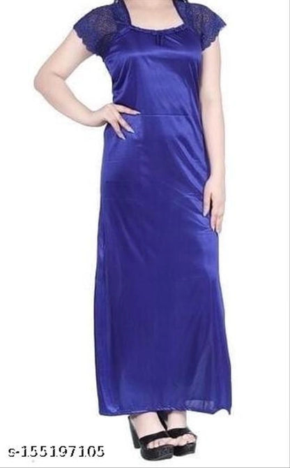 Satin Womens Nightdress (Blue, Free Size)