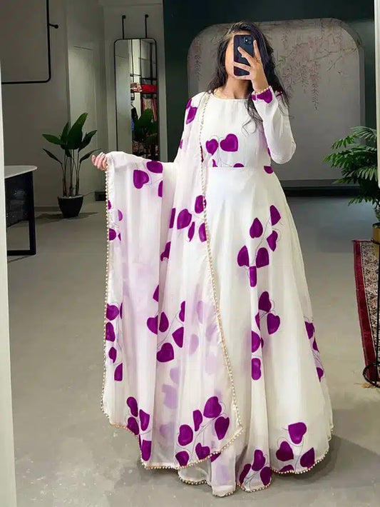 Georgette Printed Gown with Dupatta for Women (Purple & White, XL)