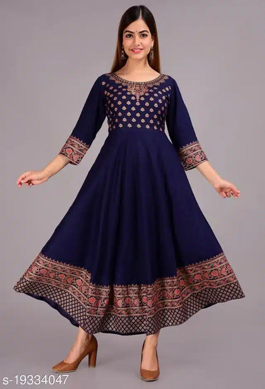 Rayon Printed Anarkali Kurti for Women (Blue, S)